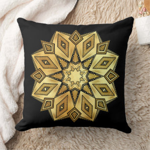 Golden Star Mandala on Black Background Cushion