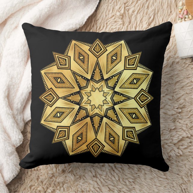 Golden Star Mandala on Black Background Cushion (Blanket)