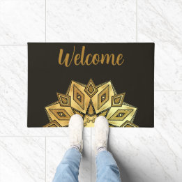 Golden Star Mandala on Black Background Doormat
