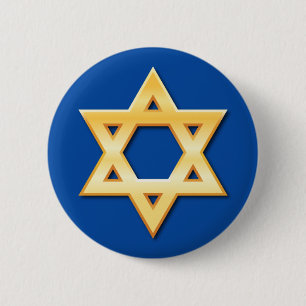Golden star of David on blue background button