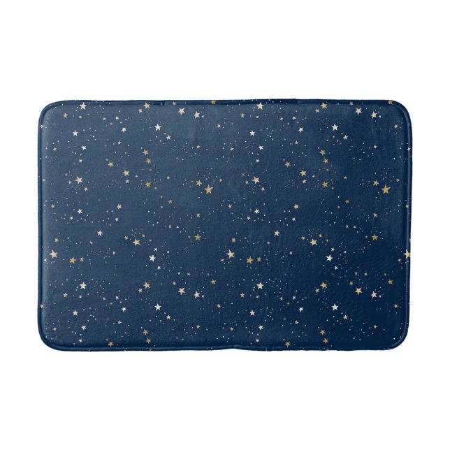 Golden Star on Blue Night Pattern Bath Mat (Front)