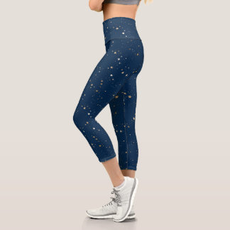 Golden Star on Blue Night Pattern Capri Leggings