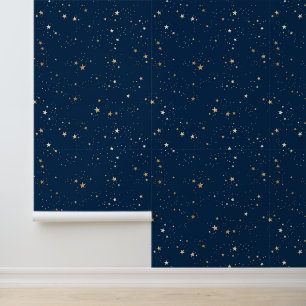 Golden Star on Blue Night Pattern Wallpaper