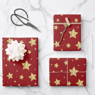 Golden Star on Red Background Wrapping Paper Sheet
