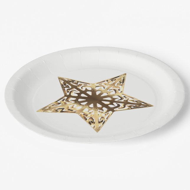 Golden Star White and Gold Festive Elegant Paper Plate (Angled)