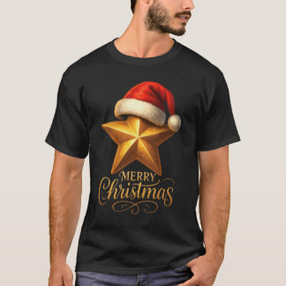 Golden Star with Santa Hat Merry Christmas T-Shirt