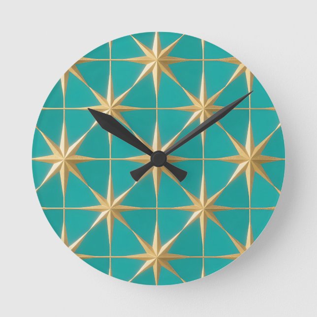 Golden Starburst Geometric Teal Midcentury Round Clock (Front)