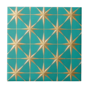 Golden Starburst Geometric Teal Midcentury Tile