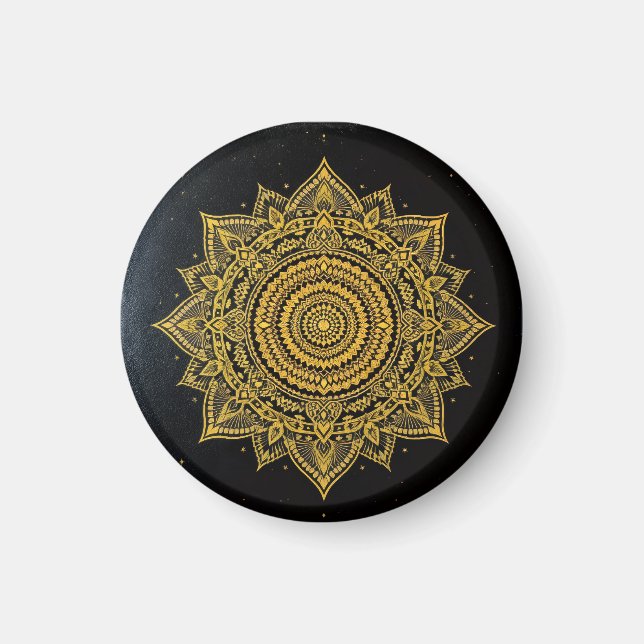 Golden Starburst Mandala on Black Magnet (Front)
