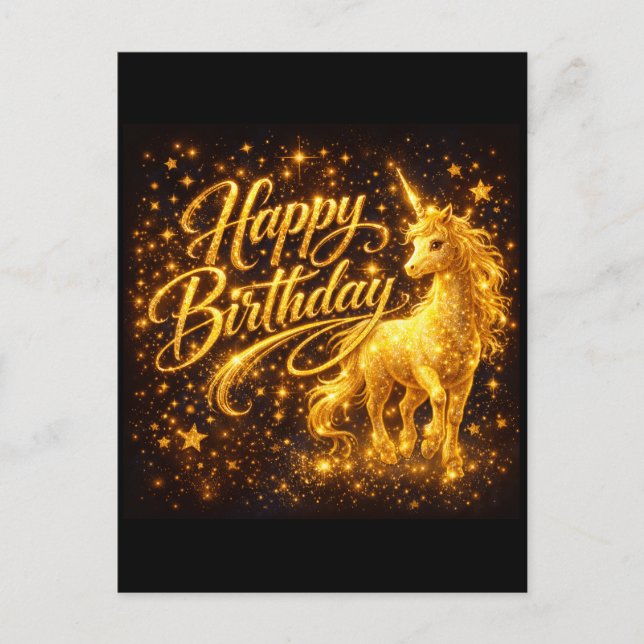 Golden Stardust Birthday — Fantasy Unicorn  Invitation Postcard (Front)