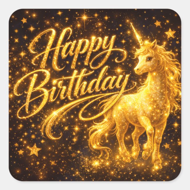 Golden Stardust Birthday — Fantasy Unicorn Square Sticker (Front)
