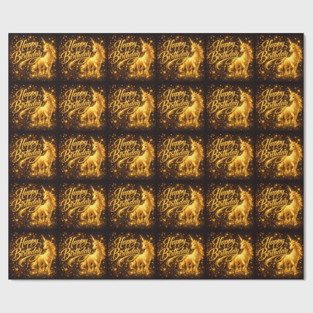 Golden Stardust Birthday — Fantasy Unicorn Wrapping Paper (Flat)