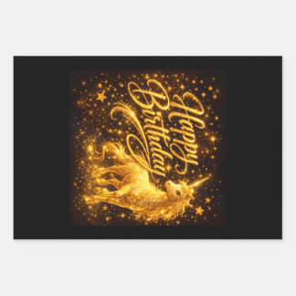 Golden Stardust Birthday — Fantasy Unicorn Wrapping Paper Sheet
