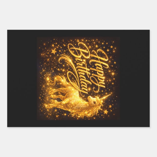 Golden Stardust Birthday — Fantasy Unicorn Wrapping Paper Sheet (Front)