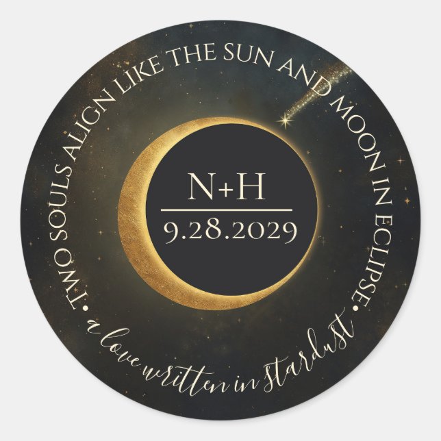Golden Stardust Eclipse Celestial Wedding  Classic Round Sticker (Front)