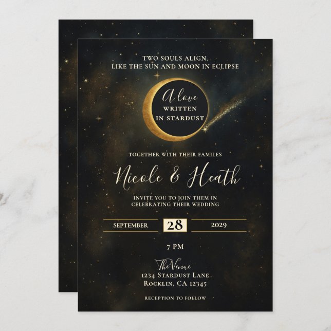 Golden Stardust Eclipse Celestial Wedding  Invitation (Front/Back)