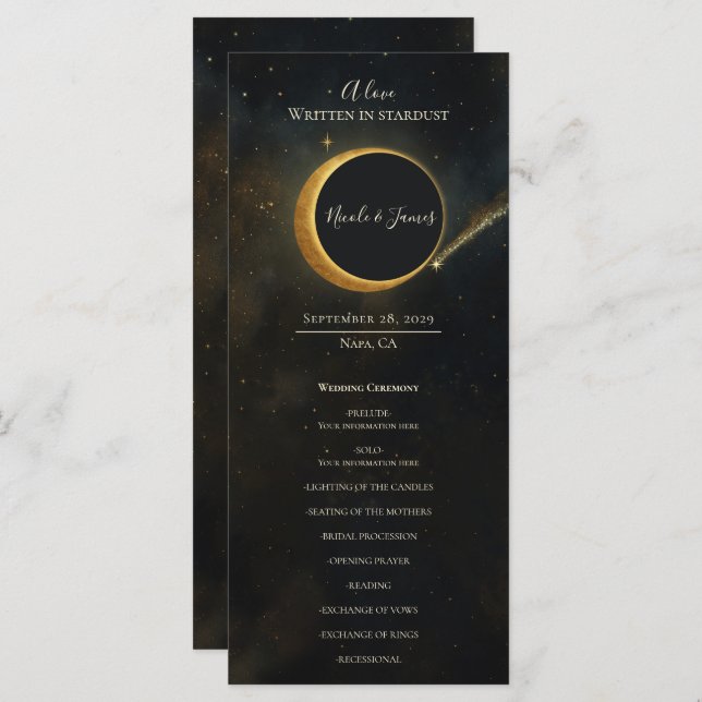 Golden Stardust Eclipse Celestial Wedding Program Menu (Front/Back)