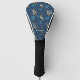 Golden Starfish & Coral Reef Pattern on Blue Golf Head Cover