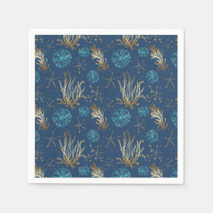 Golden Starfish & Coral Reef Pattern on Blue Napkin