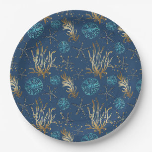 Golden Starfish & Coral Reef Pattern on Blue Paper Plate