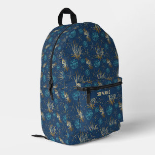 Golden Starfish & Coral Reef Pattern on Blue Printed Backpack