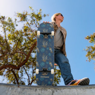 Golden Starfish & Coral Reef Pattern on Blue Skateboard