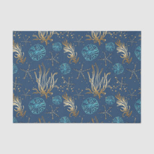 Golden Starfish & Coral Reef Pattern on Blue Tissue Paper