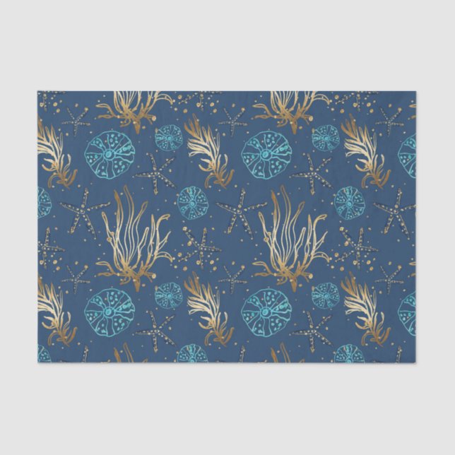 Golden Starfish & Coral Reef Pattern on Blue Tissue Paper (Front)