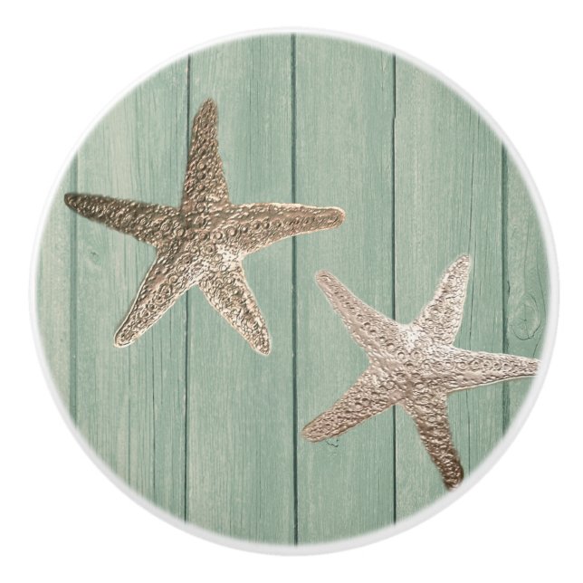 Golden Starfish & Wood Elegant Beach Custom Chic Ceramic Knob (Front)