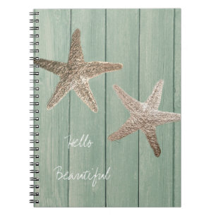 Golden Starfish & Wood Elegant Beach Custom Chic Spiral Notebook
