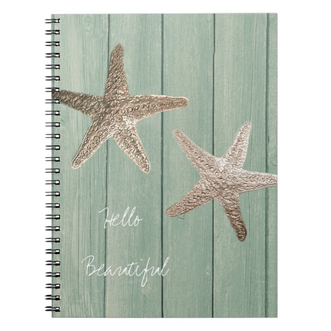 Golden Starfish & Wood Elegant Beach Custom Chic Spiral Notebook (Front)
