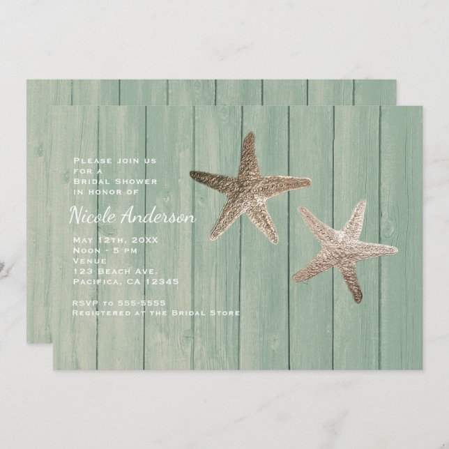 Golden Starfish & Wood Elegant Beach Invitations (Front/Back)
