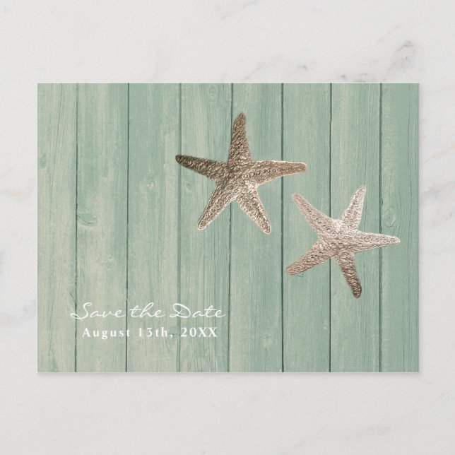 Golden Starfish & Wood Elegant Beach Save the Date Announcement Postcard (Front)