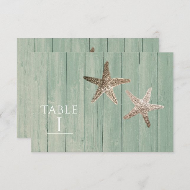 Golden Starfish & Wood Elegant Beach Table Number (Front/Back)