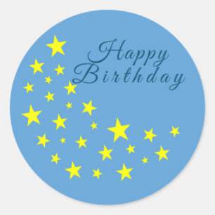 Golden Starry Moon on Picton Blue Happy Birthday Classic Round Sticker
