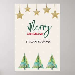 Golden Stars And Colourful Watercolor Tree Poster
