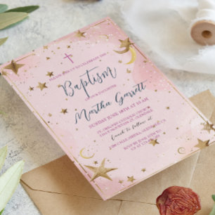 Golden Stars and Pink Girl Baptism Invitation