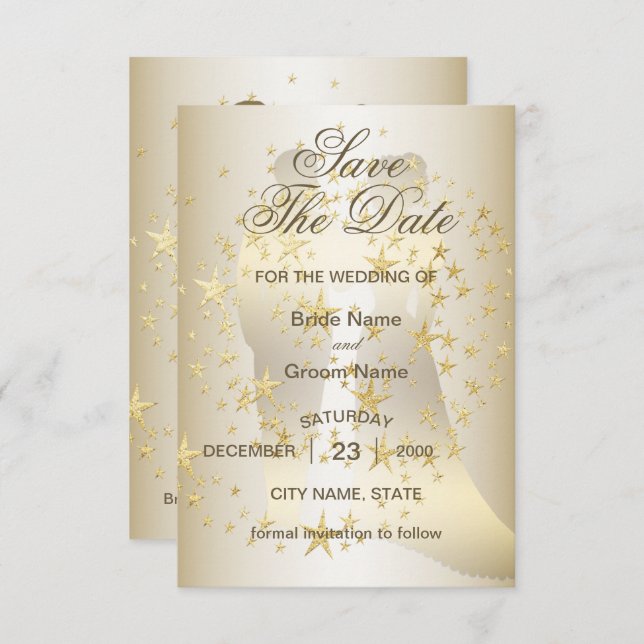 Golden Stars Bride And Groom Save The Date (Front/Back)