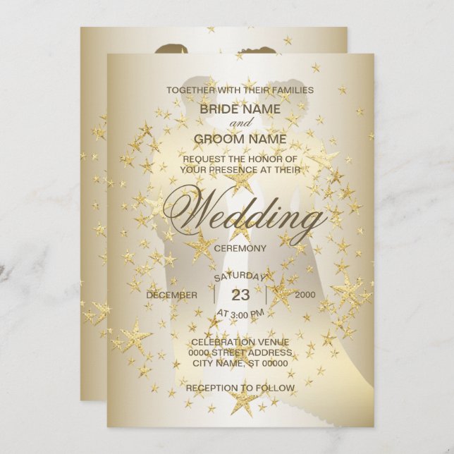 Golden Stars Bride And Groom Wedding Invitation (Front/Back)