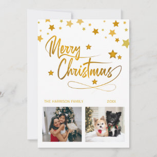 Golden Stars Christmas Calligraphy Two Photos Holiday Card