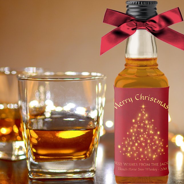 Golden Stars Christmas Tree on Red Mini Holiday Liquor Bottle Label (In Situ with Bow)