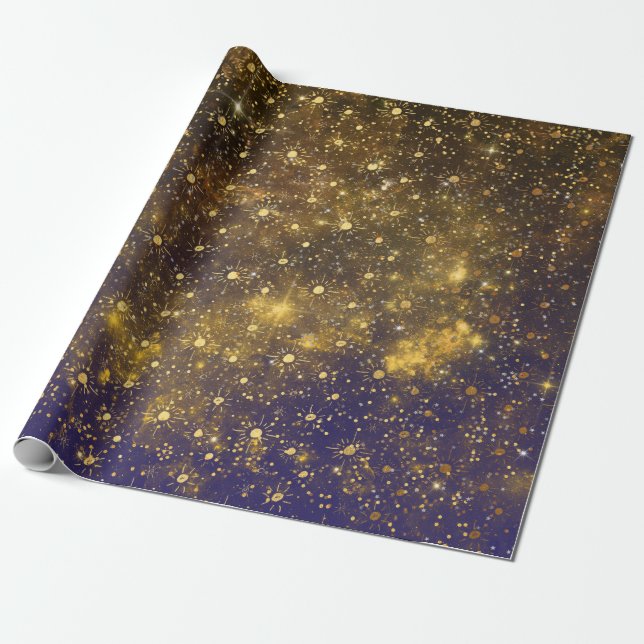 Golden Stars Confetti Celestial Firmament Green Wrapping Paper (Unrolled)