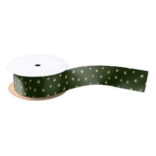 Golden Stars Dark Green Satin Ribbon