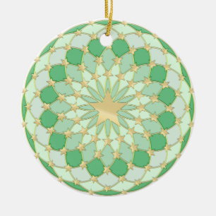Golden stars expanding circles on pastel green ceramic tree decoration