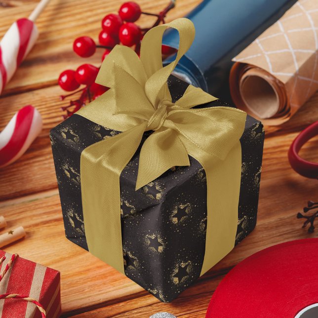 Golden Stars Glowing On Black Pattern Wrapping Paper (Creator Uploaded)