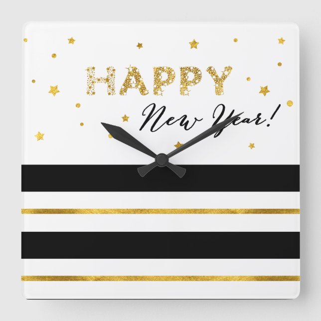 Golden Stars - Happy New Year Square Wall Clock (Front)
