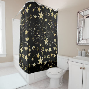Golden Stars & Hearts Pattern Shower Curtain