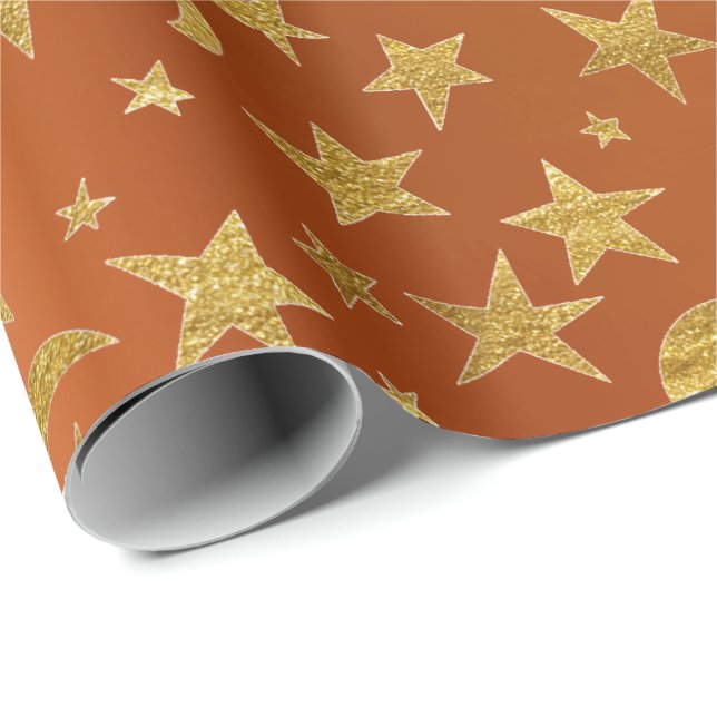 Golden Stars Moon Sky Metallic Coral Orange Wrapping Paper (Roll Corner)
