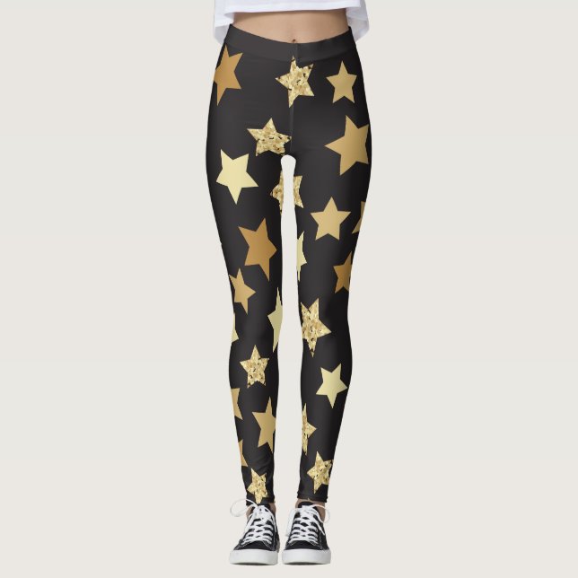 Golden Stars on Black Background Pattern Leggings (Front)