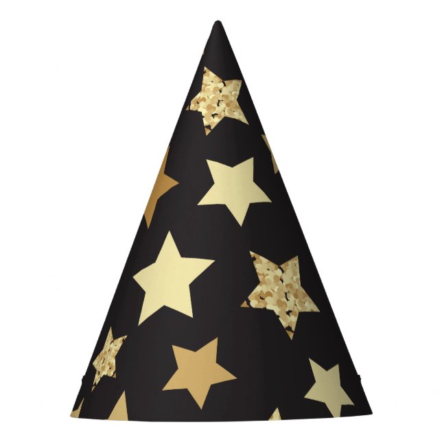 Golden Stars on Black Background Pattern Party Hat (Front)
